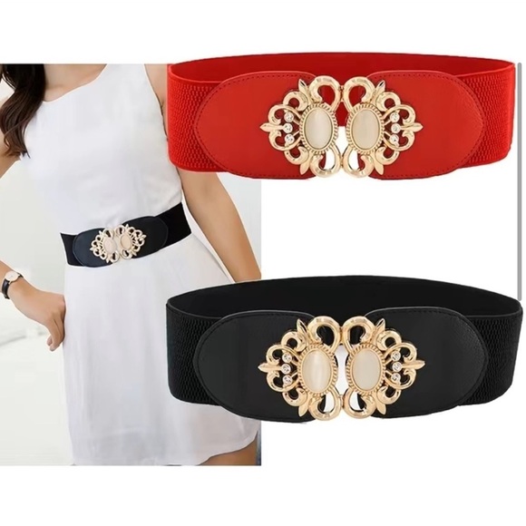 Red & Black Elastic Leather Gemstone Wide Fashion Belt Set of 2 - Picture 1 of 10